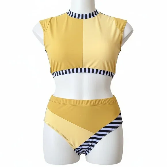 Plus 4XL Sport Luxe Colorblock High Neck Bikini Set Swimwear - Picture 2 of 7